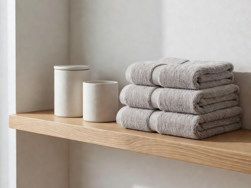 Unbranded ceramic containers and folded cotton towels on a clean wooden bathroom shelf