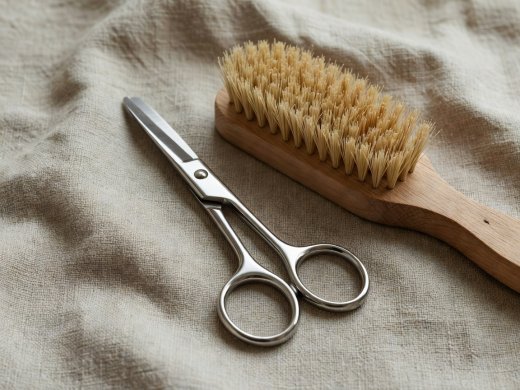 Close-up of stainless steel grooming scissors and a natural bristle nail brush on unbleached linen