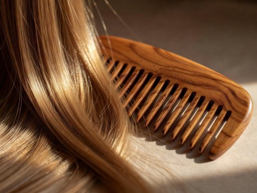 Close-up of clean hair strands beside a wide-tooth wooden comb in warm natural light